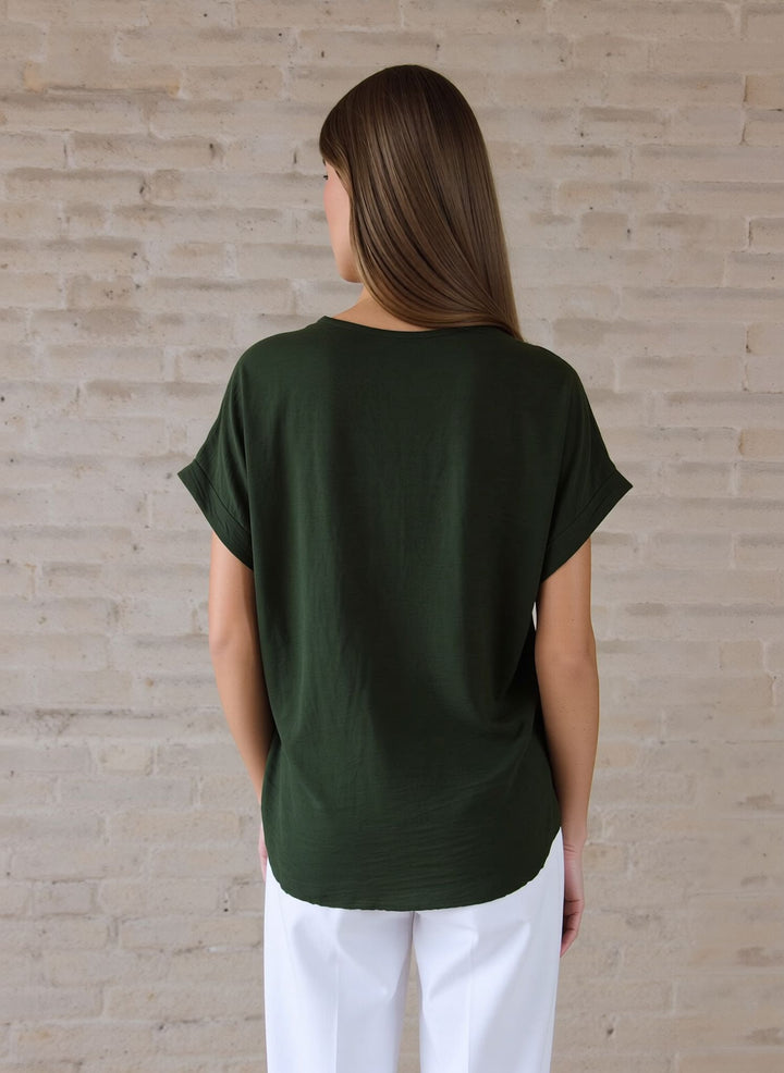 Khaki Green V-Neck Batwing Top with Pendant Necklace Elegant Loose Fit Short Sleeve Blouse