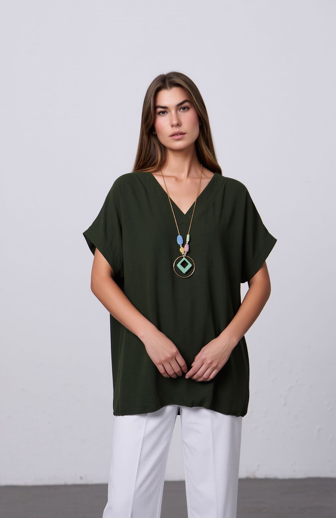 Khaki Green V-Neck Batwing Top with Pendant Necklace Elegant Loose Fit Short Sleeve Blouse