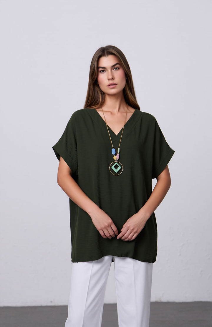 Khaki Green V-Neck Batwing Top with Pendant Necklace Elegant Loose Fit Short Sleeve Blouse