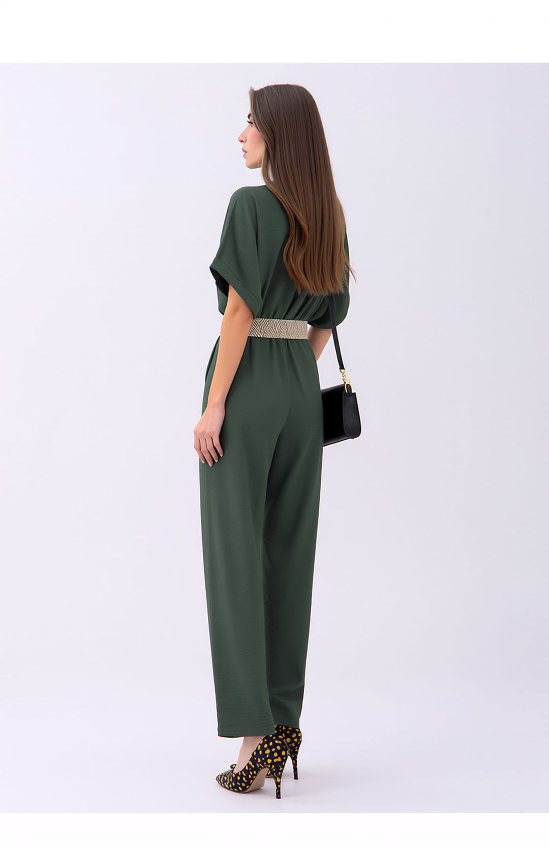 Khaki Green V-Neck Wide Leg Jumpsuit with Belt