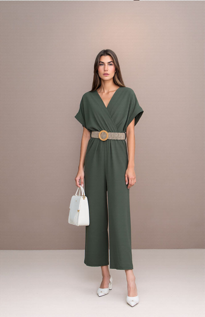 Khaki Green V-Neck Wide Leg Jumpsuit with Belt