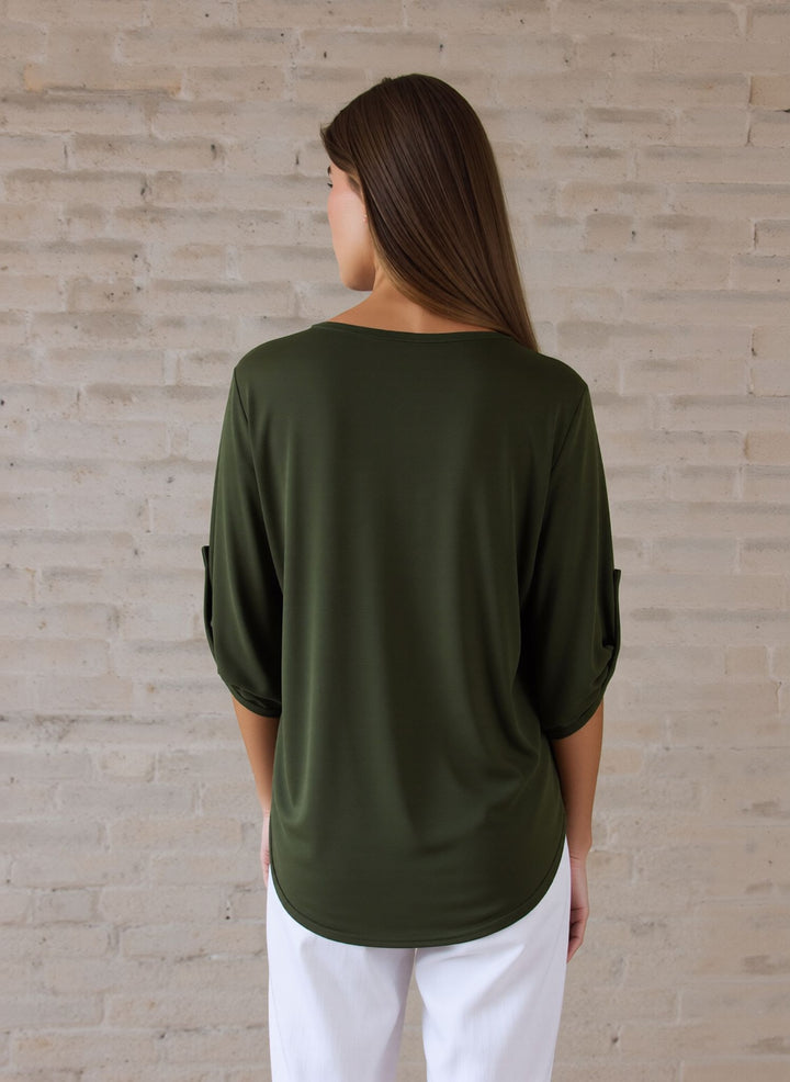 Khaki Green V-Neck Zip Detail Tunic Chic Top