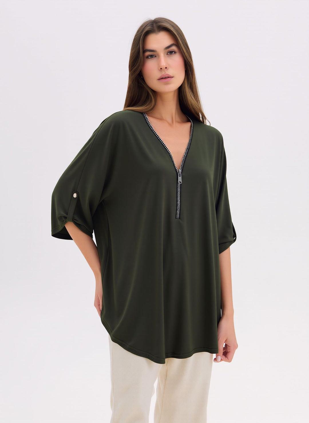 Khaki Green V-Neck Zip Detail Tunic Chic Top