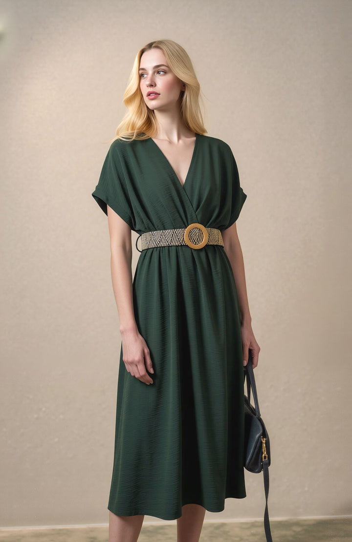 Khaki Green Wrap Midi Dress Elegant Summer Occasion Dress with Belt