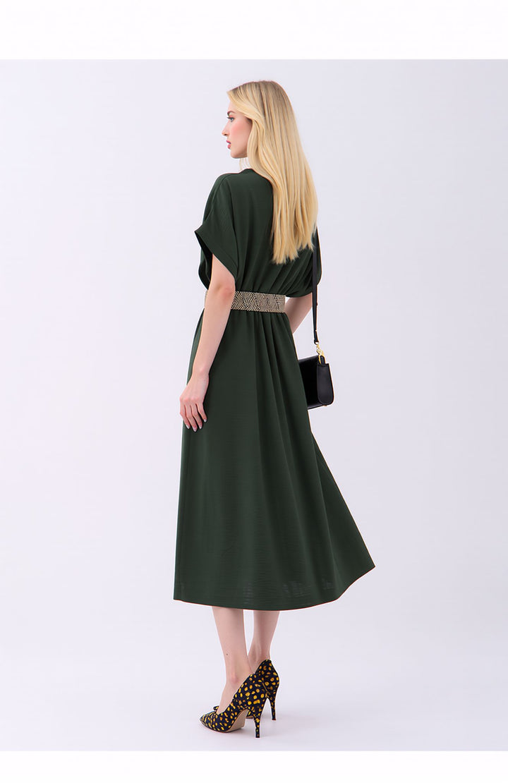 Khaki Green Wrap Midi Dress Elegant Summer Occasion Dress with Belt