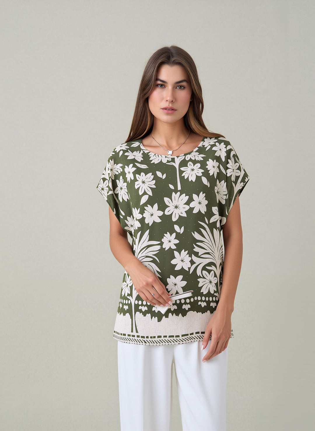 Khaki Green Relaxed Fit Short Sleeve Tunic Top Lightweight Cotton Rich Casual Summer Shirt