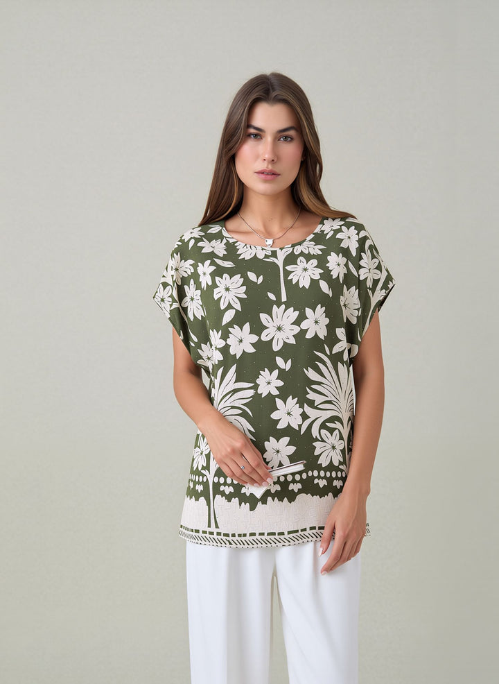 Khaki Green Relaxed Fit Short Sleeve Tunic Top Lightweight Cotton Rich Casual Summer Shirt