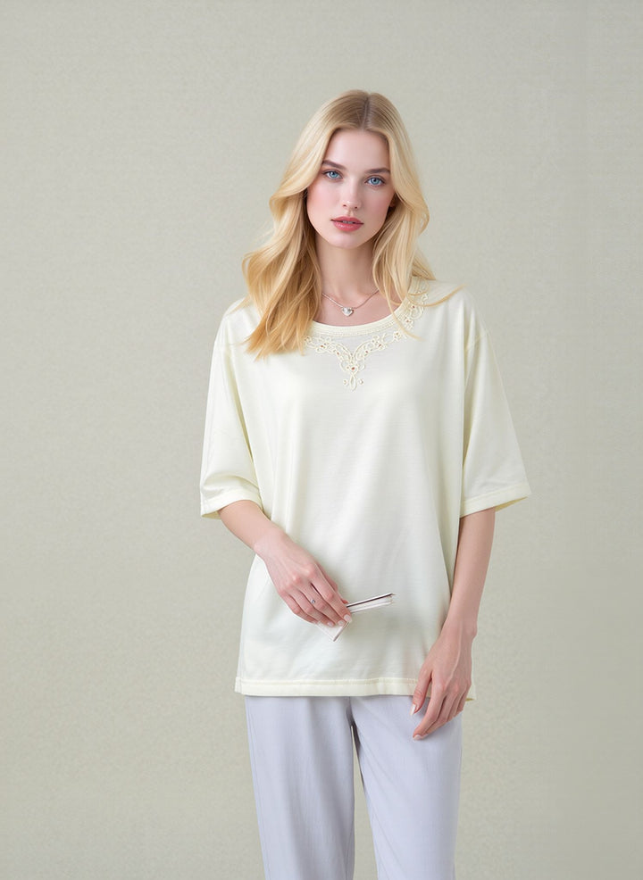 Lemon Embroidered Round Neck T-Shirt  Soft Casual Summer Top