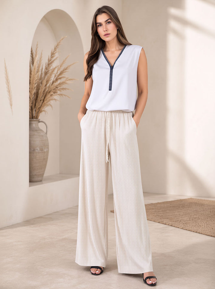 Light Beige Crinkle Pleated Wide Leg Trousers Elasticated Waist Pants