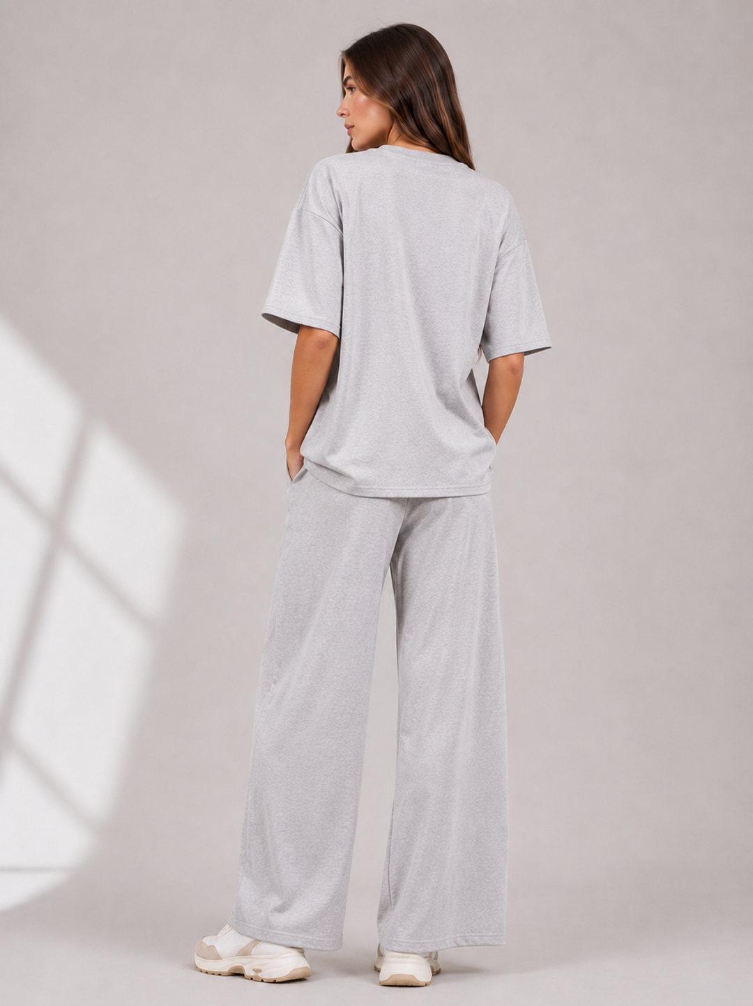 Light Grey Two Piece Co-Ord Set Oversize Top with Seam Detail Wide Leg Trousers