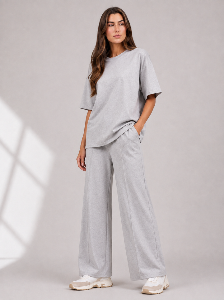 Light Grey Two Piece Co-Ord Set Oversize Top with Seam Detail Wide Leg Trousers
