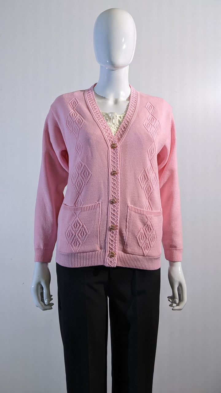 Light Pink V-Neck Diamond Design Cardigan with Pockets