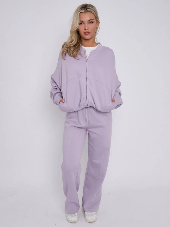 Lilac Bomber Style Jacket & Wide Leg Bottoms Co-ord Loungewear Set