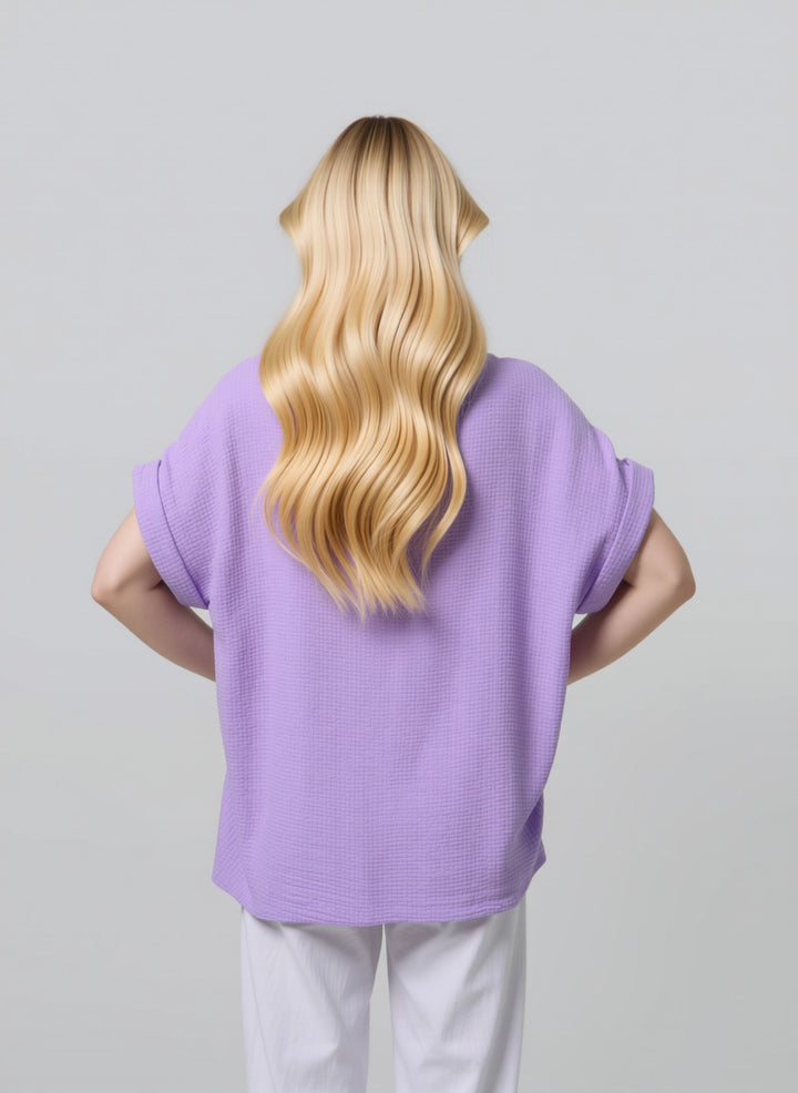 Lilac Loose Fit Short Sleeve Casual Waffle Texture Blouse with Necklace