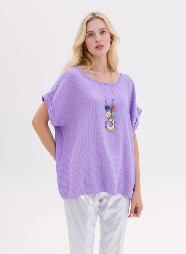 Lilac Loose Fit Short Sleeve Casual Waffle Texture Blouse with Necklace