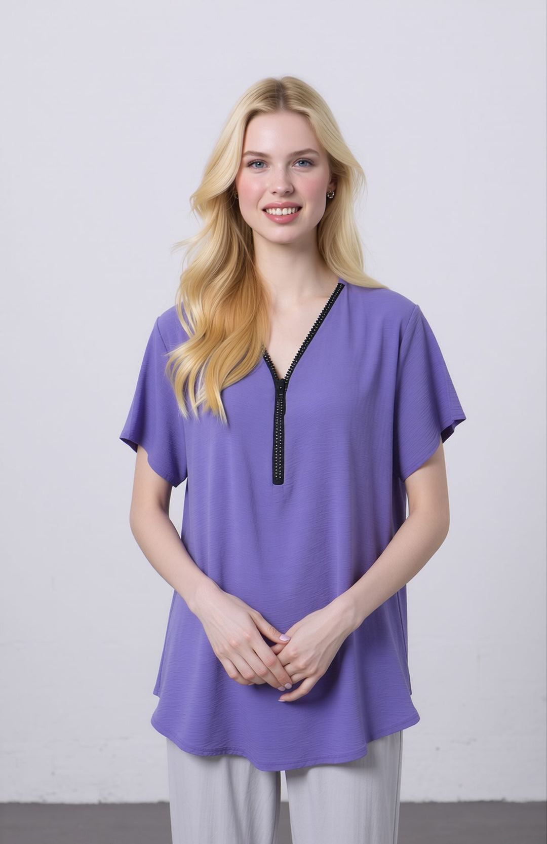 Lilac Zip Front V-Neck Loose Fit Blouse Top