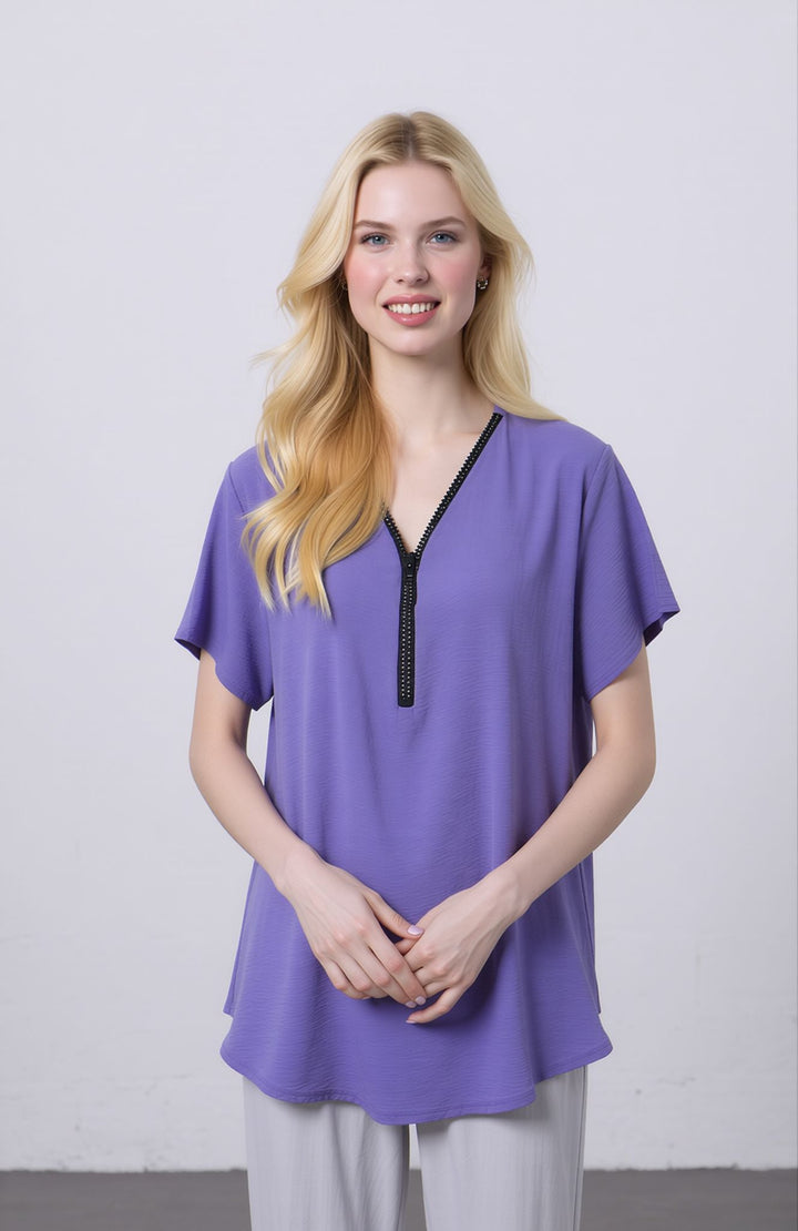 Lilac Zip Front V-Neck Loose Fit Blouse Top