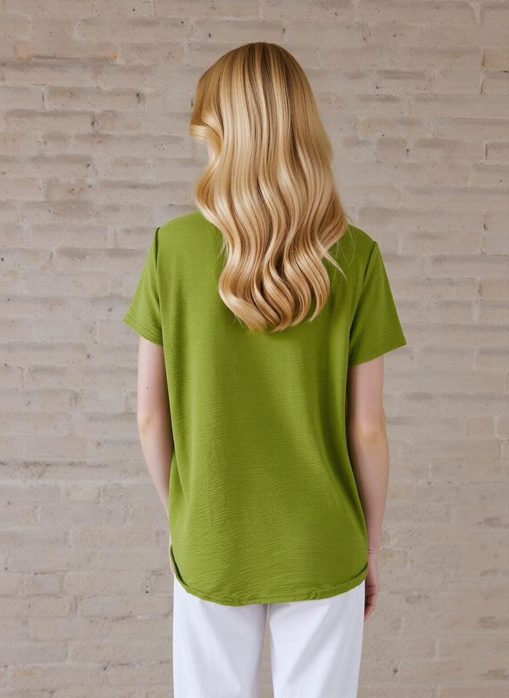 Lime Green V-Neck Button Front Blouse Casual Loose Short Sleeve Top