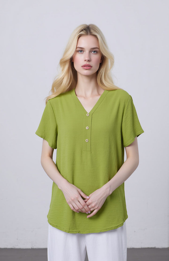 Lime Green V-Neck Button Front Blouse Casual Loose Short Sleeve Top