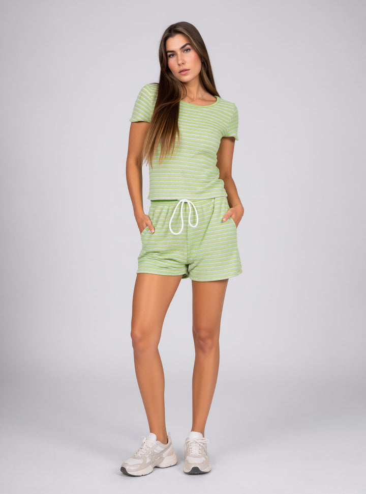 Lime & White Striped Short Sleeve Co-Ord Lounge Set with Drawstring Shorts