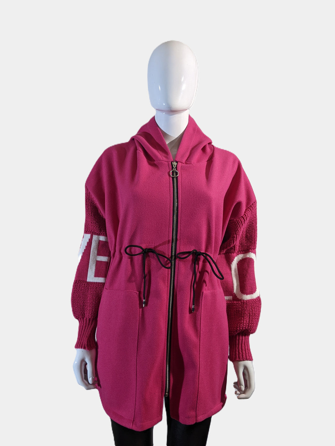 Cerise Pink Love Knit Sleeves Zipper Drawstring Coat