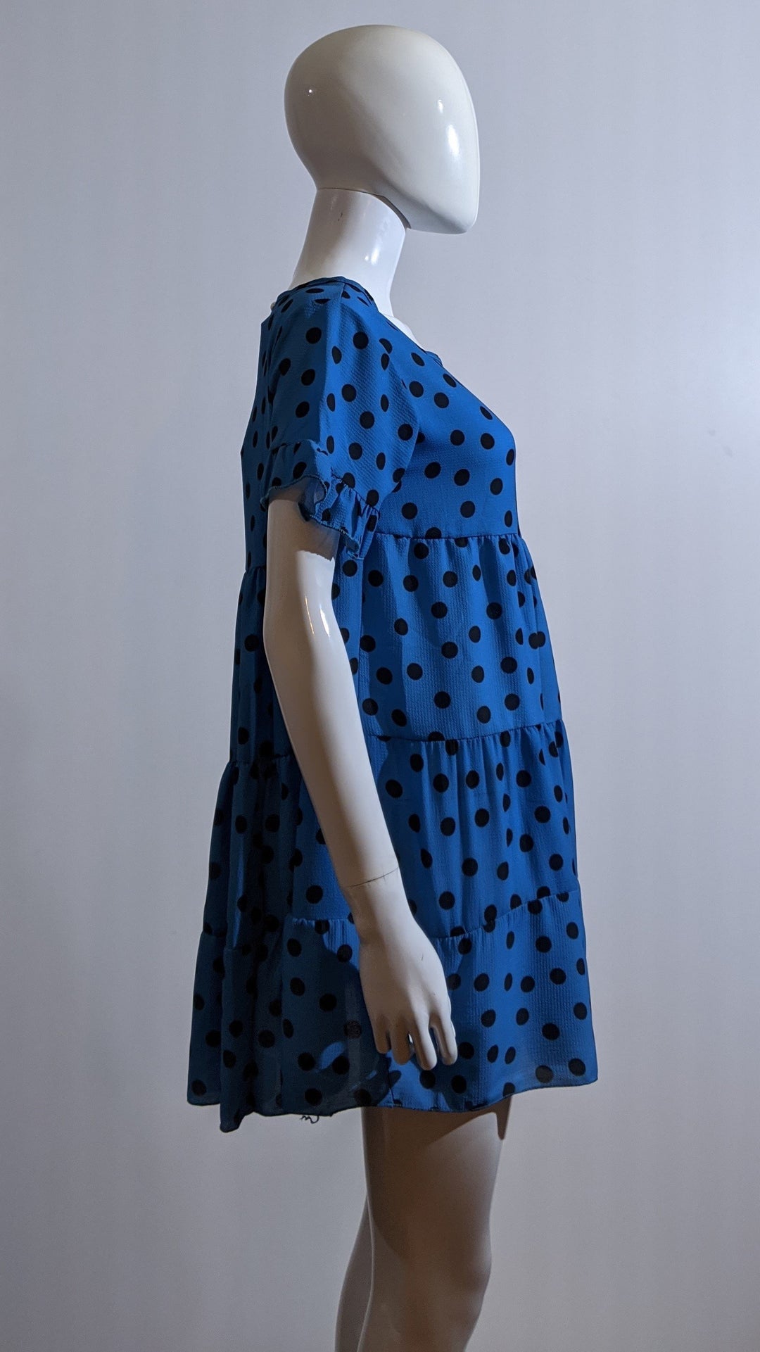 Blue Polka Dot Print Tiered Smock Dress