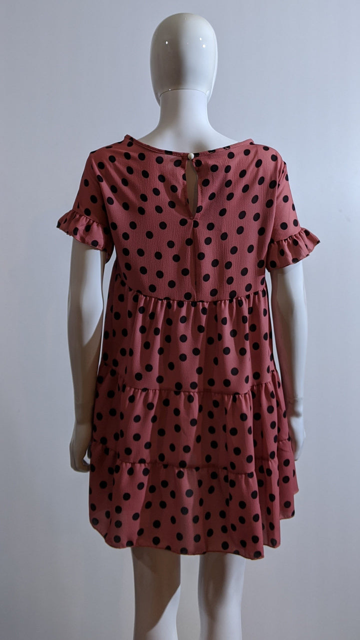 Pink Polka Dot Print Tiered Smock Dress