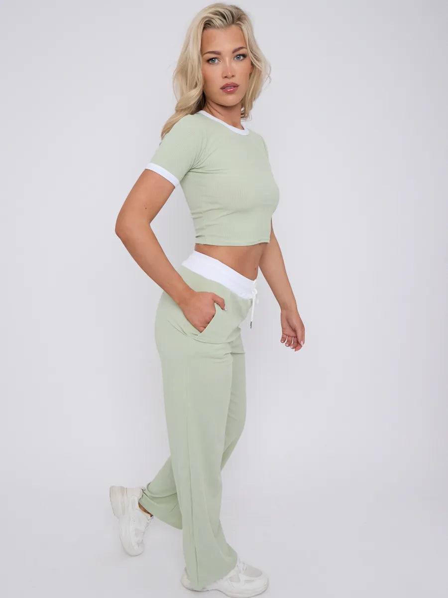 Mint Contrast Trim Ribbed Crop Top & Wide Leg Trousers Loungewear Co-ord Set 