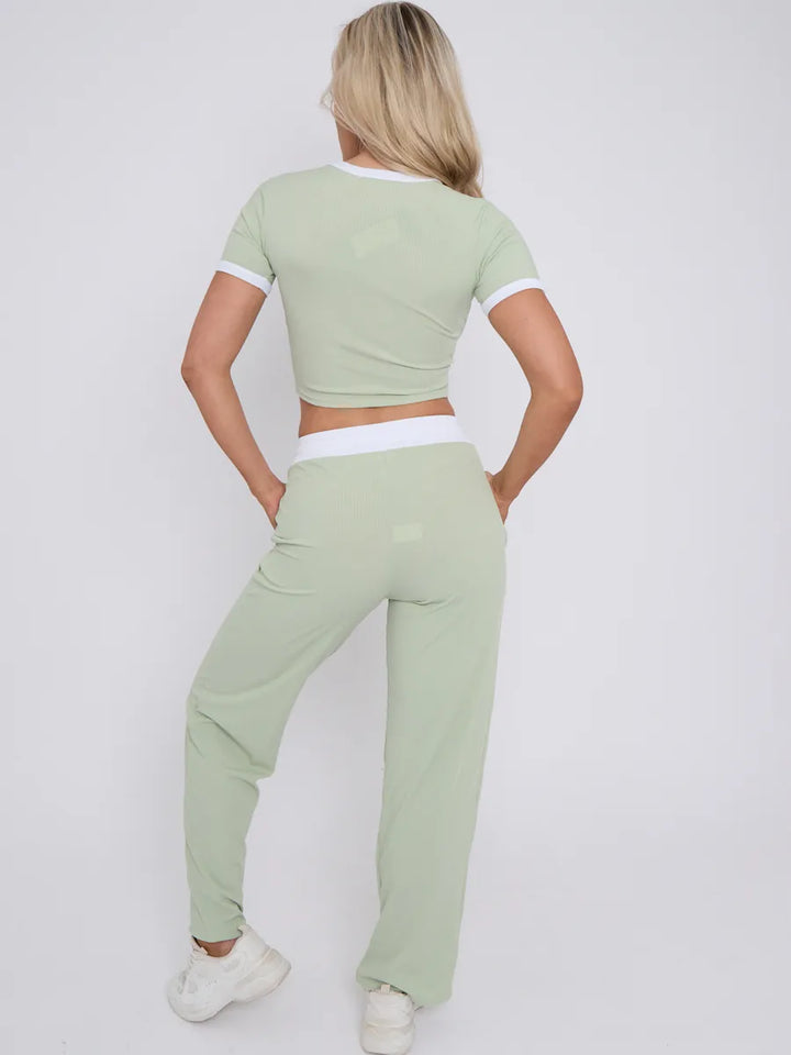 Mint Contrast Trim Ribbed Crop Top & Wide Leg Trousers Loungewear Co-ord Set 