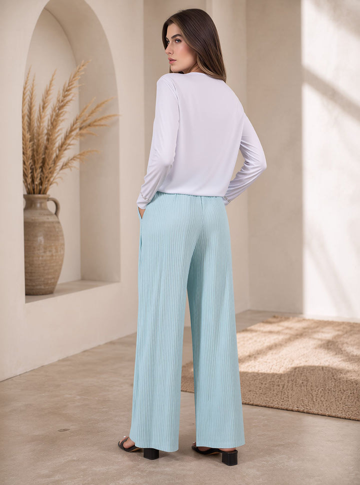 Mint Crinkle Pleated Wide Leg Trousers Elasticated Waist Pants