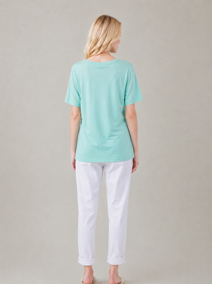 Mint Embroidered Round Neck T-Shirt Soft Casual Summer Top