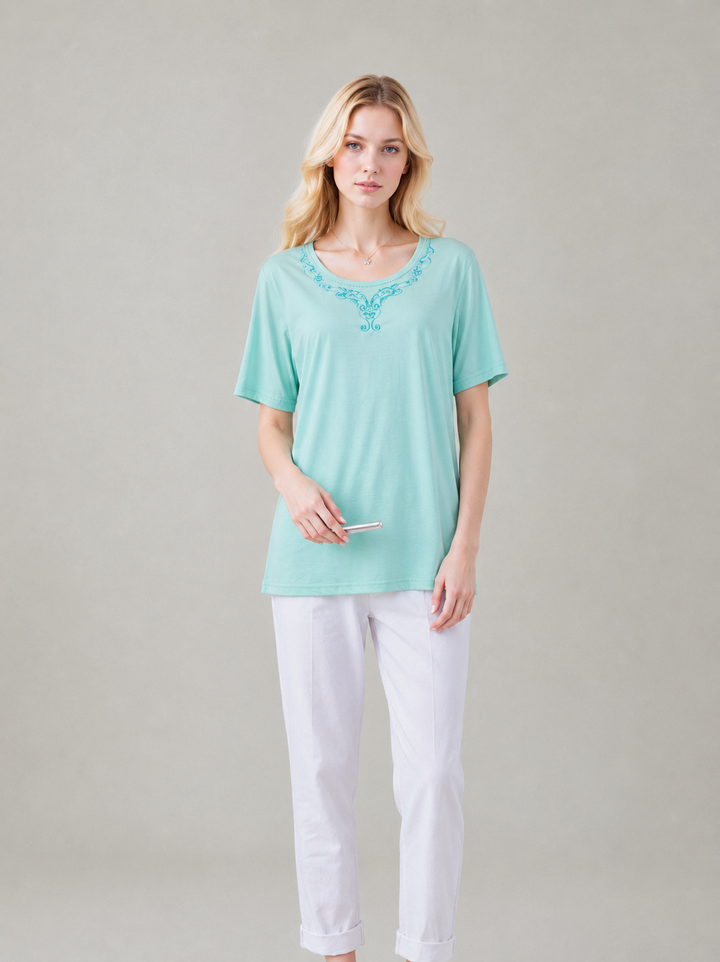 Mint Embroidered Round Neck T-Shirt Soft Casual Summer Top