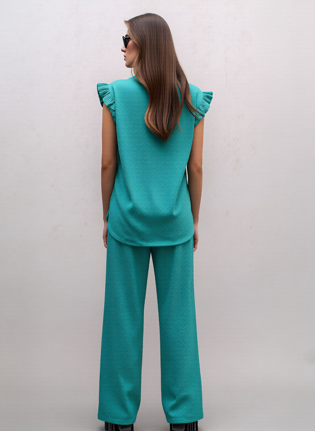 Mint Textured Frill Sleeve Co-Ord Lounge Set Wide Leg Trousers Two Piece Outfit