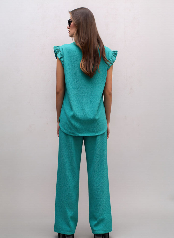 Mint Textured Frill Sleeve Co-Ord Lounge Set Wide Leg Trousers Two Piece Outfit
