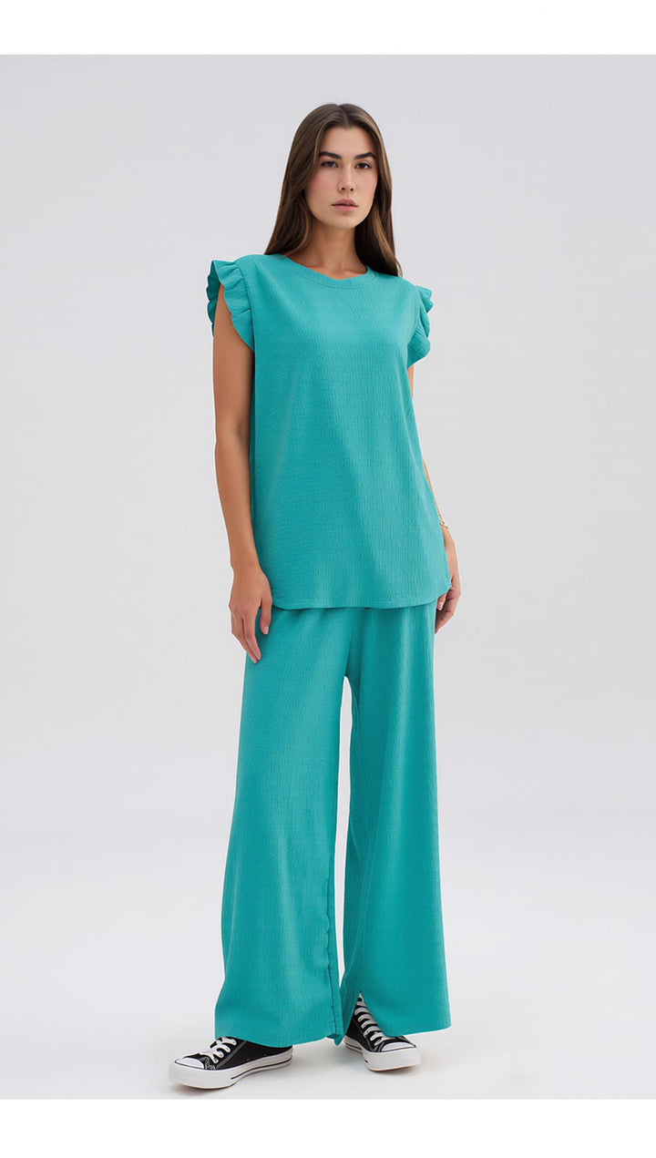 Mint Textured Frill Sleeve Co-Ord Lounge Set Wide Leg Trousers Two Piece Outfit