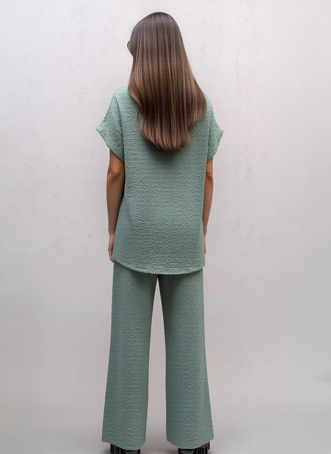 Mint Textured Side Scarf Tie Two Piece Trouser Set Short Sleeve Top & Wide Leg Trousers