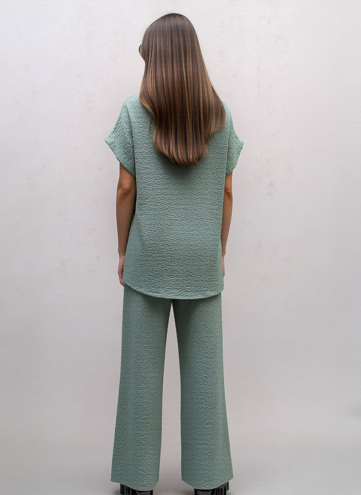 Mint Textured Side Scarf Tie Two Piece Trouser Set Short Sleeve Top & Wide Leg Trousers