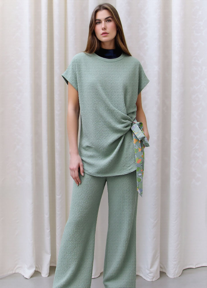 Mint Textured Side Scarf Tie Two Piece Trouser Set Short Sleeve Top & Wide Leg Trousers