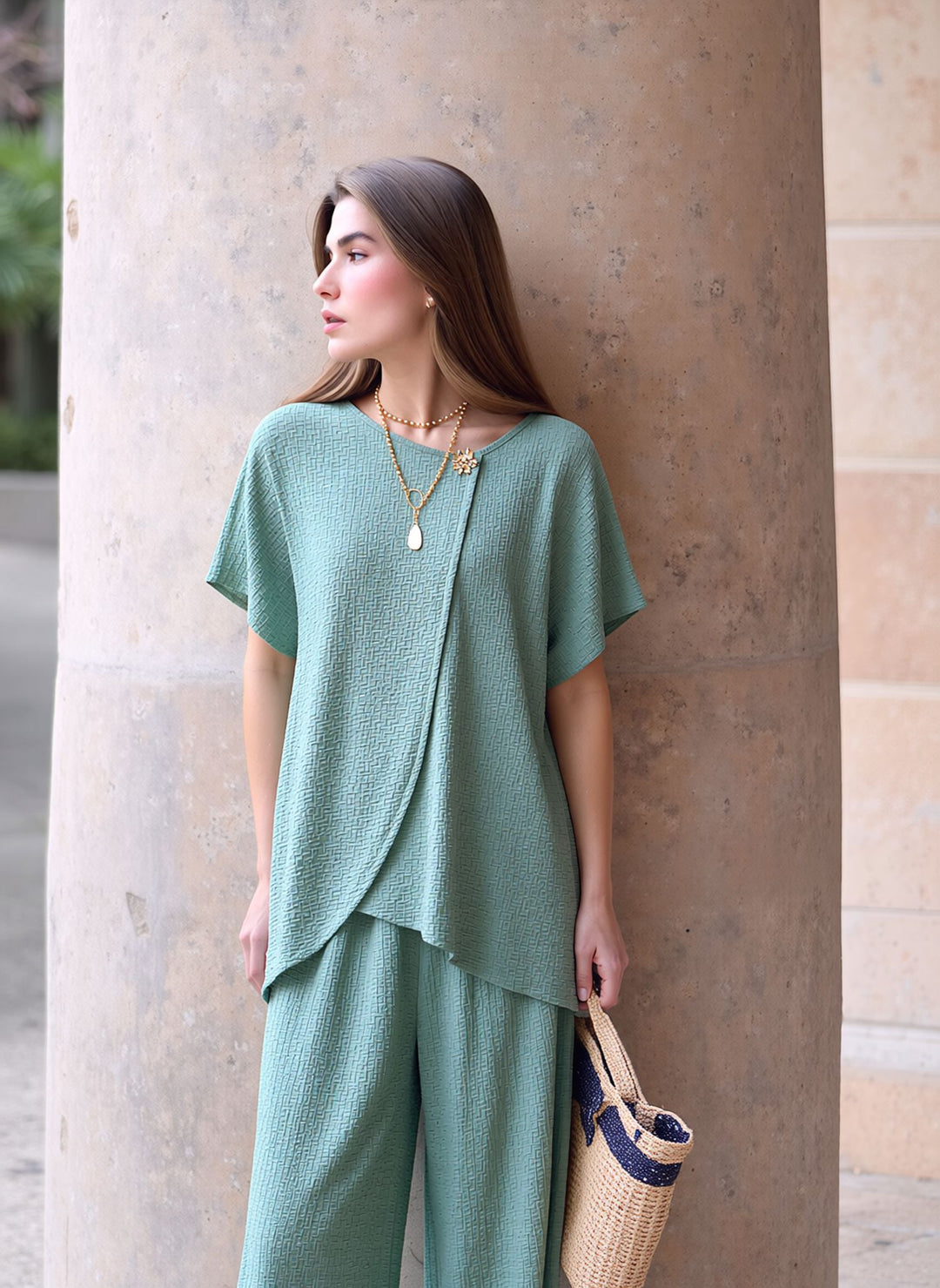 Mint Textured Two Piece Co-Ord Set Relaxed Fit Overlay Top & Wide Leg Trousers