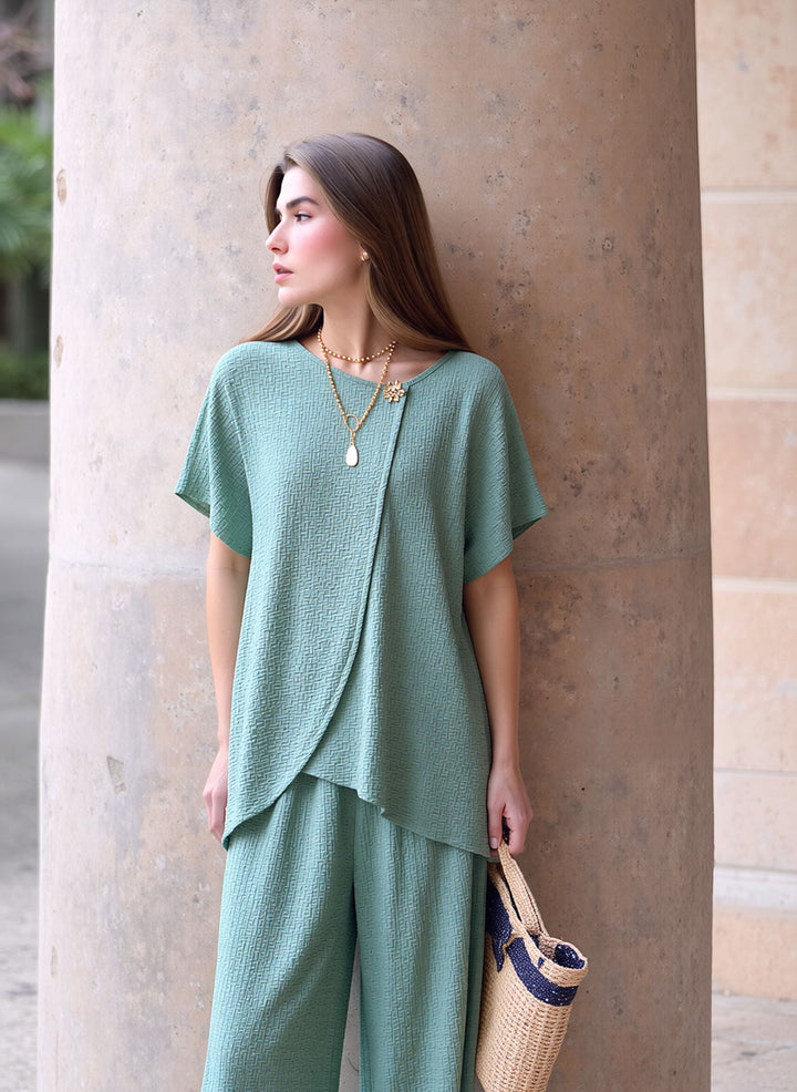 Mint Textured Two Piece Co-Ord Set Relaxed Fit Overlay Top & Wide Leg Trousers