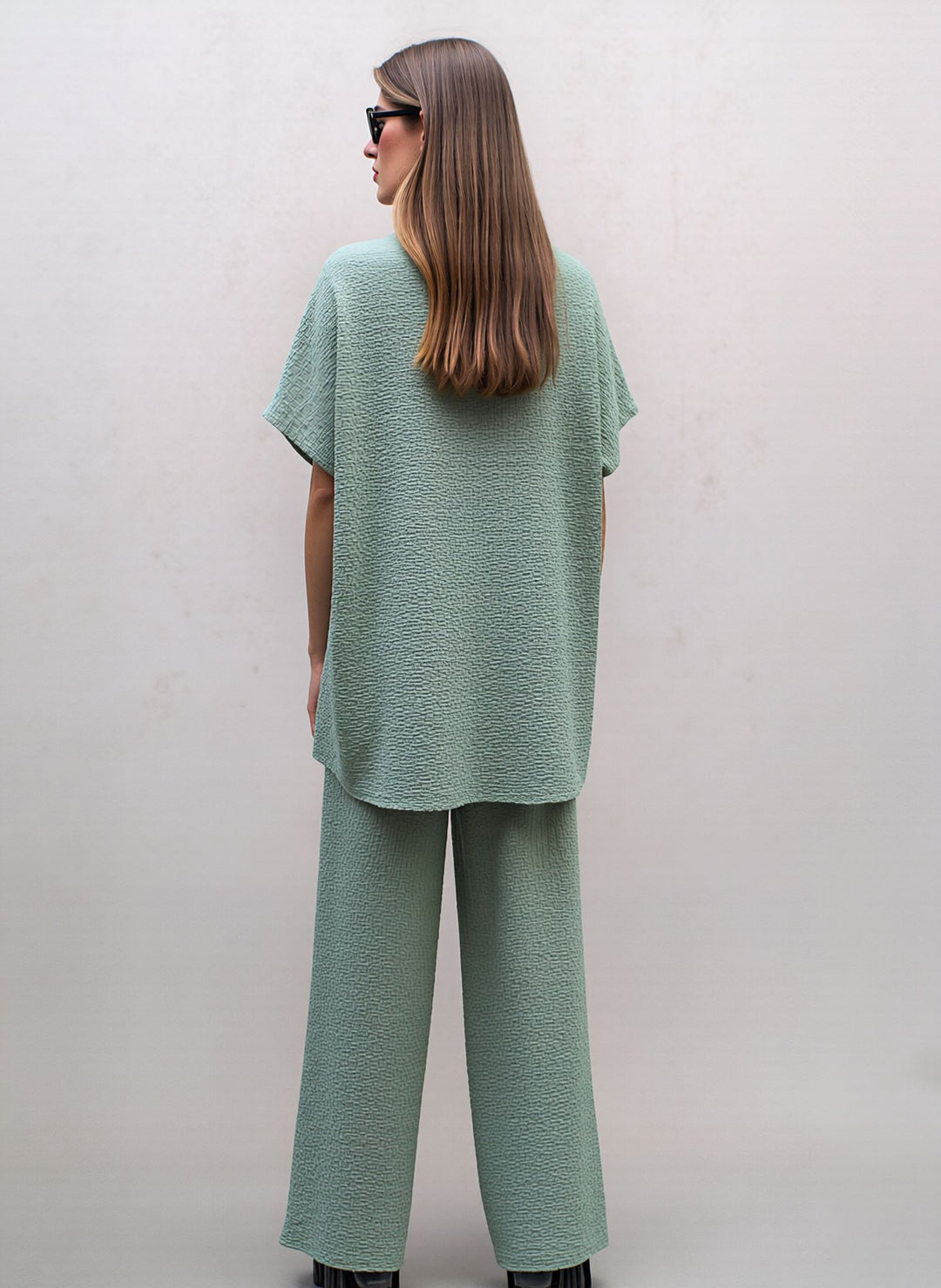 Mint Textured Two Piece Co-Ord Set Relaxed Fit Overlay Top & Wide Leg Trousers