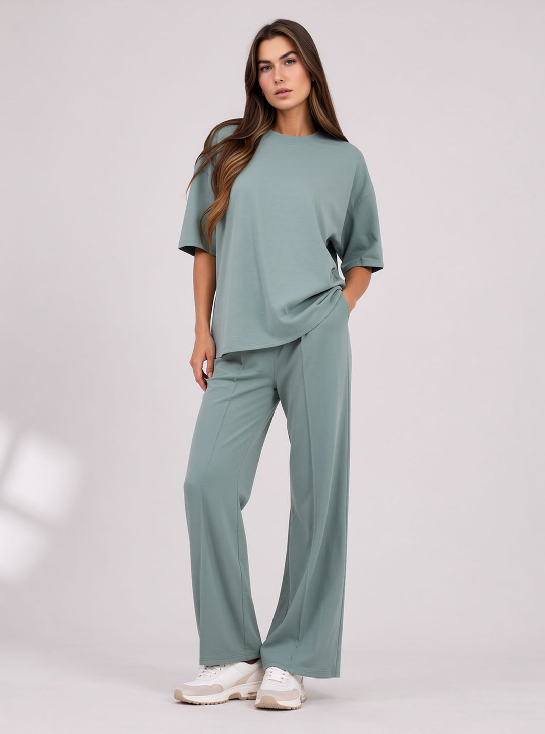 Mint Two Piece Co-Ord Set Oversize Top with Seam Detail Wide Leg Trousers