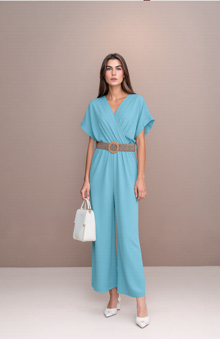 Mint V-Neck Wide Leg Jumpsuit with Belt