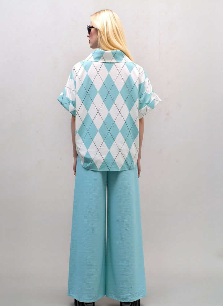 Mint Wide Leg Trousers & Diamond Print Shirt Set