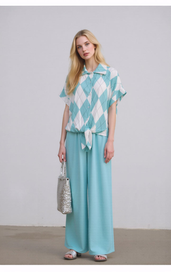 Mint Wide Leg Trousers & Diamond Print Shirt Set