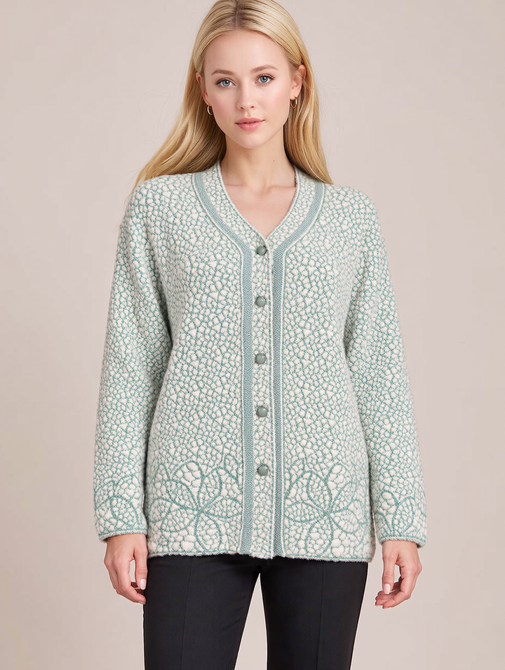 Mint & Cream Floral Jacquard Knit Button Premium Heavy Cardigan