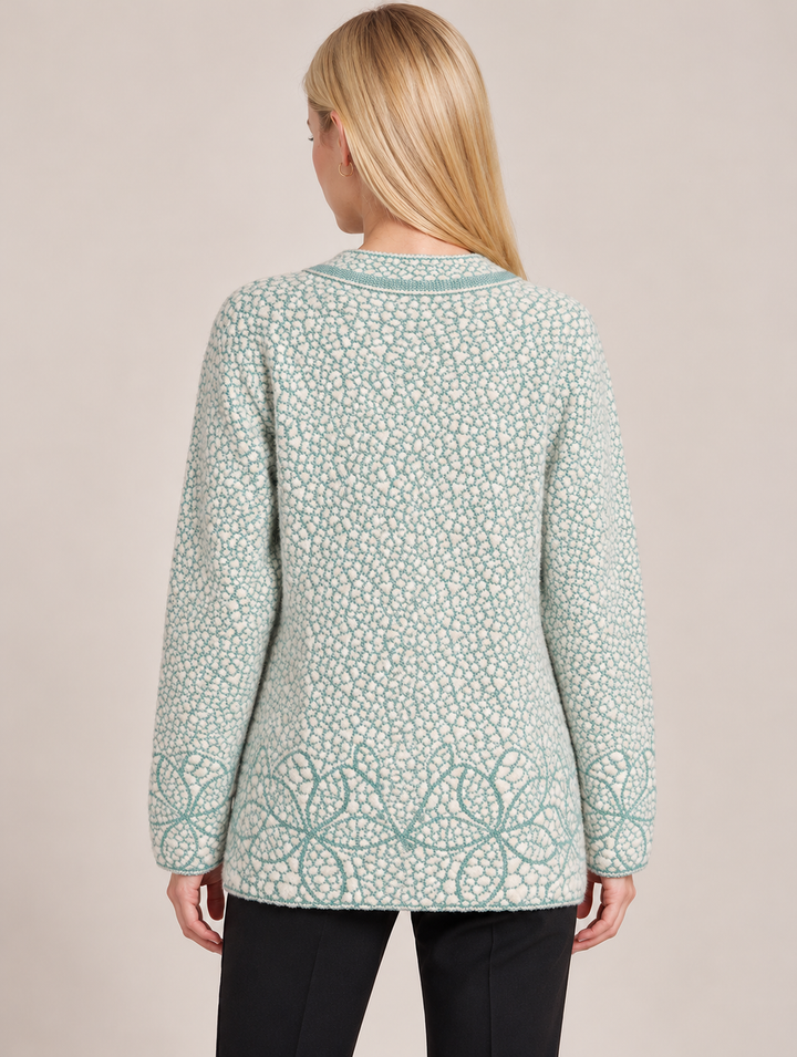Mint & Cream Floral Jacquard Knit Button Premium Heavy Cardigan