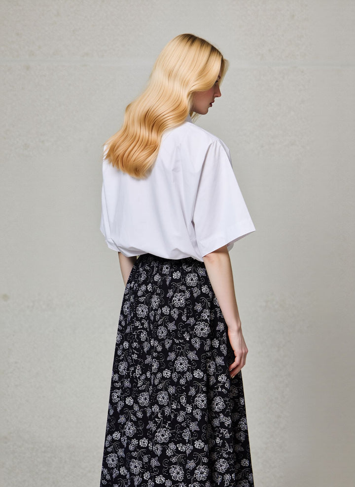 Monochrome Floral Pull On Elasticated Skirt