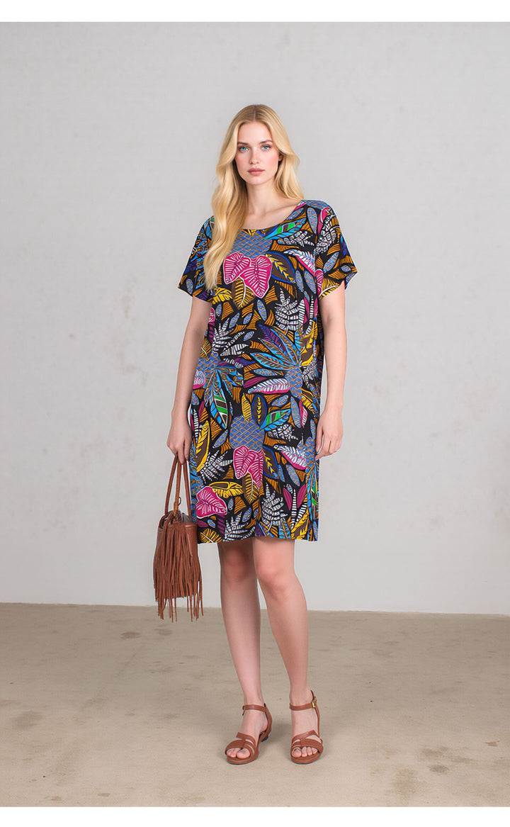 Multicolor Tropical Leaf Print Casual Short Sleeve Knee Length Summer Dress