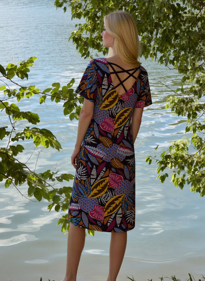 Multicolor Tropical Leaf Print Casual Short Sleeve Knee Length Summer Dress